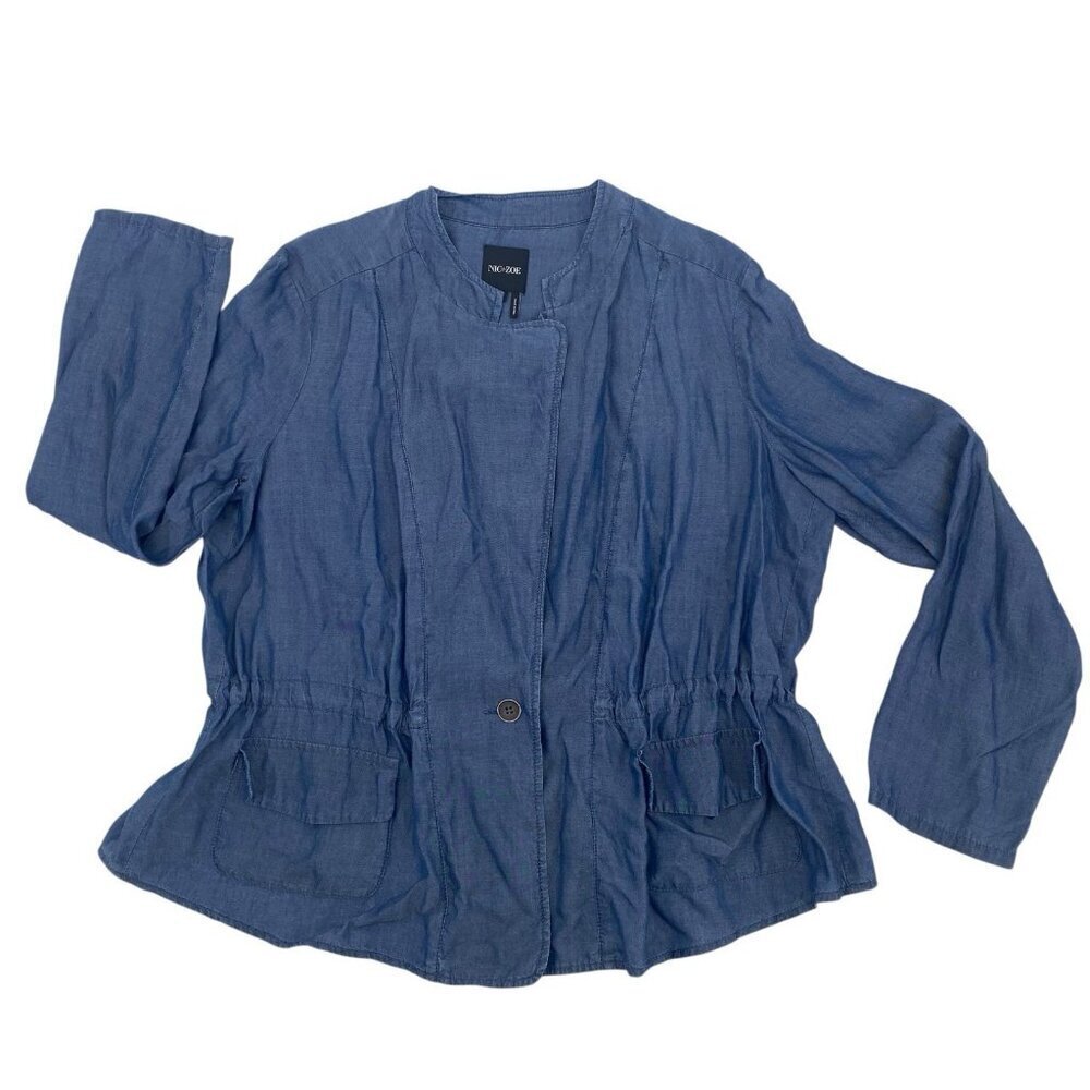 Nic + Zoe Size L Blue Chambray Collared Open Front Long Sleeve Lightweight Top